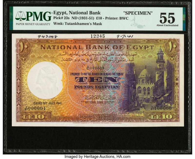 Egypt National Bank of Egypt 10 Pounds 9.7.1941 Pick 23s Specimen PMG About Unci...