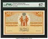 Finland Finlands Bank 500 Markkaa 1909 (ND 1918) Pick 23 PMG Superb Gem Unc 67 EPQ. This incredible, rare, large format banknote, issued near the end ...