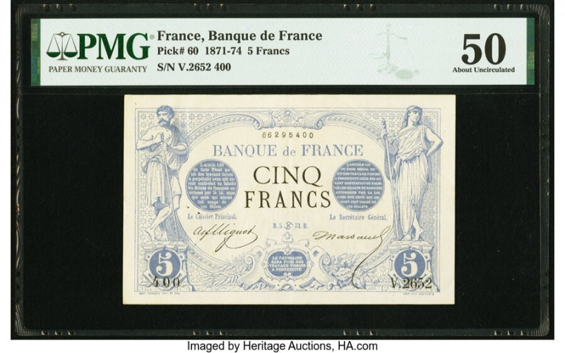 France Banque de France 5 Francs 1873 Pick 60 PMG About Uncirculated 50. A pleas...