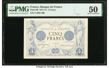 France Banque de France 5 Francs 1873 Pick 60 PMG About Uncirculated 50. A pleasing 19th century emission, this type is seldom seen in About Uncircula...
