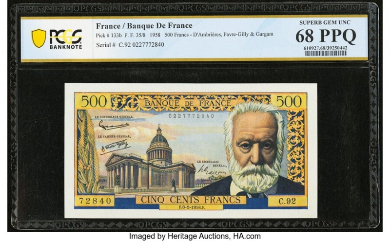 France Banque de France 500 Francs 6.2.1958 Pick 133b PCGS Superb Gem UNC 68 PPQ...
