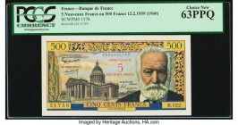 France Banque de France 5 Nouveaux Francs on 500 Francs 12.2.1959 Pick 137b PCGS Currency Choice New 63PPQ. Problem-free, Uncirculated paper is seldom...