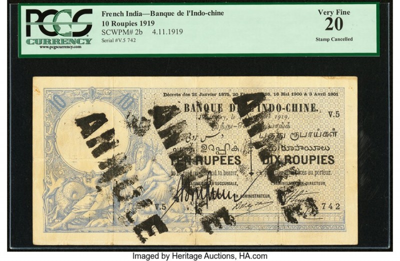 French India Banque de l'Indochine 10 Rupees / Roupies 4.11.1919 Pick 2b Jhunjhu...