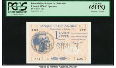 French India Banque de l'Indochine 1 Roupie / Rupee 8.9.1945 Pick 4ds Specimen PCGS Currency Gem New 65PPQ. Terrific, original paper is seen on this h...