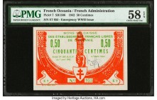 French Oceania Bons de Caisse 50 Centimes 7.4.1942 Pick 7 PMG Choice About Unc 58 EPQ. Fantastic original condition is seen on this small change type....