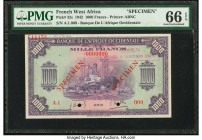 French West Africa Banque de l'Afrique Occidentale 1000 Francs 14.12.1942 Pick 32s Specimen PMG Gem Uncirculated 66 EPQ. World War II disrupted supply...