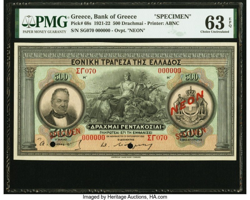 Greece National Bank of Greece 500 Drachmai 13.10.1921 Pick 68s Specimen PMG Cho...