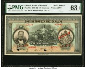 Greece National Bank of Greece 500 Drachmai 13.10.1921 Pick 68s Specimen PMG Choice Uncirculated 63 EPQ. Simply stunning designs are seen on both side...