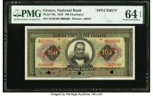 Greece National Bank of Greece 100 Drachmai 1.3.1923 Pick 76s Specimen PMG Choice Uncirculated 64 EPQ. This will be the first time that we have offere...