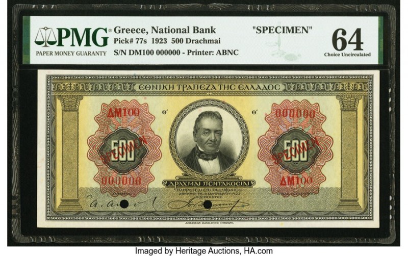 Greece National Bank of Greece 500 Drachmai 8.1.1923 Pick 77s Specimen PMG Choic...