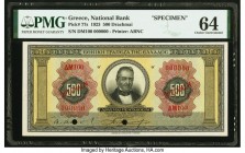 Greece National Bank of Greece 500 Drachmai 8.1.1923 Pick 77s Specimen PMG Choice Uncirculated 64. This denomination is described as "Rare" as an issu...