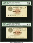India Government of India 1 Rupee 1917 Pick 1e Jhunjhunwalla-Razack 3.1.2A Two Consecutive Examples PMG About Uncirculated 53; Choice Uncirculated 63....