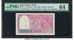 India Reserve Bank of India 2 Rupees ND (1943) Pick 17c Jhunjhunwalla-Razack 4.2.3 PMG Choice Uncirculated 64. Red serial numbers are seen on this 2 R...