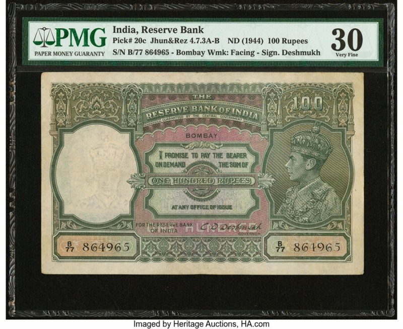 India Reserve Bank of India, Bombay 100 Rupees ND (1944) Pick 20c Jhunjhunwalla-...