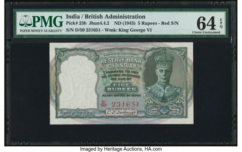 India Reserve Bank of India 5 Rupees ND (1943) Pick 23b Jhunjhunwalla-Razack 4.4...