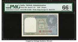 India Government of India 1 Rupee 1940 Pick 25b Jhunjhunwalla-Razack 4.1.1D PMG Gem Uncirculated 66 EPQ. Pack fresh originality is seen on this rare, ...