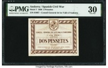 Andorra Consell General de les Valls D'Andorra 2 Pessetes 19.12.1936 Pick 7 PMG Very Fine 30. Andorran issues from the Spanish Civil War are scarce an...