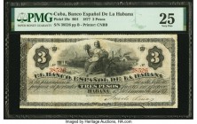 Cuba El Banco Espanol de la Habana 3 Pesos 1.12.1877 Pick 28c PMG Very Fine 25. This odd denomination is the highest of the series printed by the Amer...