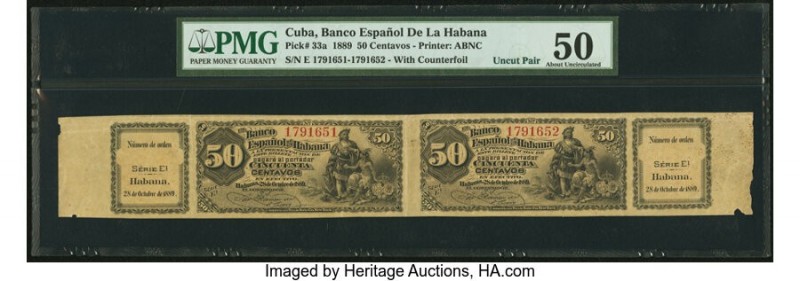 Cuba El Banco Espanol de la Habana 50 Centavos 28.10.1889 Pick 33a Uncut Pair PM...