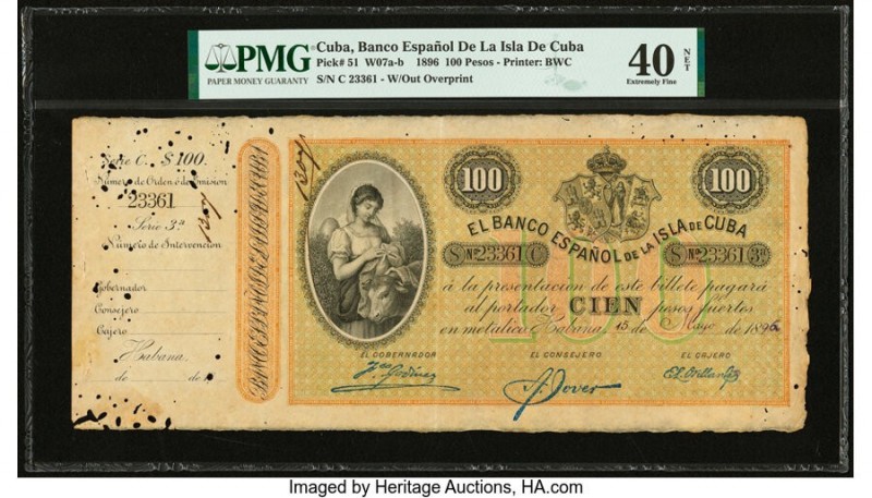 Cuba Banco Espanol De La Isla De Cuba 100 Pesos 15.5.1896 Pick 51 PMG Extremely ...