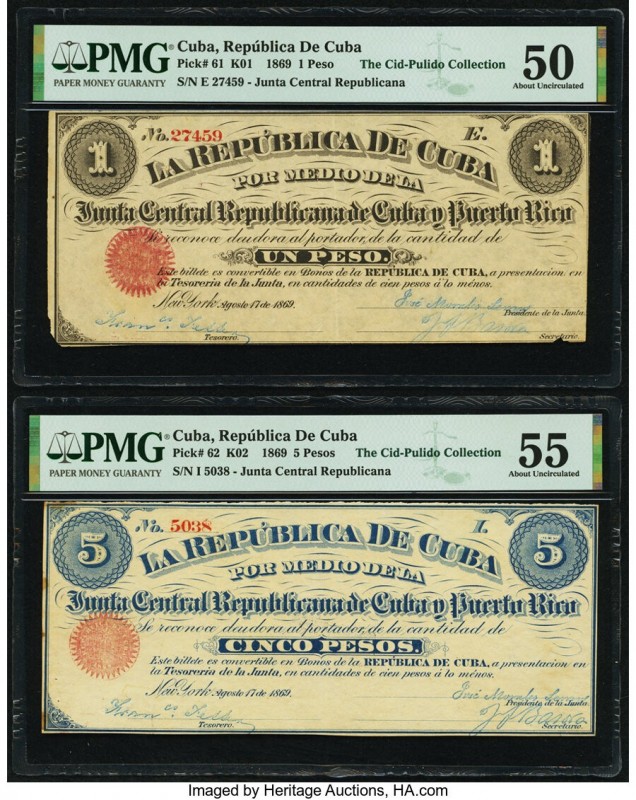 Cuba Republica de Cuba 1 Peso, 5 Pesos 17.8.1869 Pick 61, Pick 62 PMG About Unci...