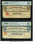 Cuba Republica de Cuba 1 Peso, 5 Pesos 17.8.1869 Pick 61, Pick 62 PMG About Uncirculated 50 and 55. A pleasing and well matched pair, both fully issue...