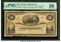 Cuba Empresa del Acueductor de Cardenas 3 Pesos ND (1870) Pick S112r Remainder PMG About Uncirculated 50. The name of the issuer translates to the Aqu...