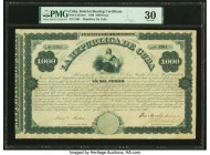 Cuba Interest Bearing Certificate, La Republica de Cuba 1000 Pesos 1.6.1869 Pick Unlisted PMG Very Fine 30. This handsome, large format Interest Beari...