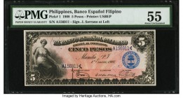 Philippines Banco Espanol Filipino 5 Pesos 1.1.1908 Pick 1 PMG About Uncirculated 55. A handsome and rarely seen example from El Banco Espanol Filipin...