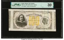 Spain Banco de Espana 100 Pesetas 1.4.1880 Pick 21 PMG Very Fine 30. The 1880 issues from Spain are among this cataloger's favorites. While the design...