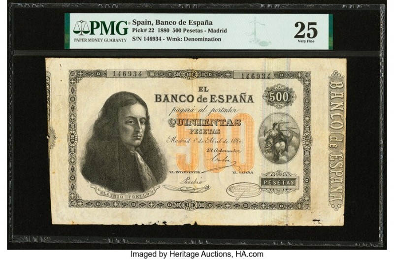 Spain Banco de Espana 500 Pesetas 1.4.1880 Pick 22 PMG Very Fine 25. At left on ...