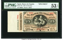 Spain Banco de Espana 25 Pesetas 1.1.1884 Pick 24s Specimen PMG About Uncirculated 53 EPQ. A scarce Specimen example of this 1884 First Issue 25 Peset...