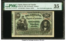 Spain Banco de Espana 50 Pesetas 1.1.1884 Pick 25 PMG Choice Very Fine 35. This pretty 50 Pesetas was printed by the American Bank Note Company, altho...