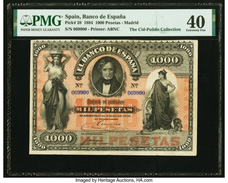 Spain Banco de Espana 1000 Pesetas 19.1.1884 Pick 28 PMG Extremely Fine 40. Alth...
