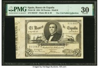Spain Banco de Espana 50 Pesetas 1.7.1884 Pick 30 PMG Very Fine 30. Juan Bravo Murillo's portrait is seen at center, flanked by a steamship and locomo...