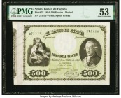 Spain Banco de Espana 500 Pesetas 1.7.1884 Pick 32 PMG About Uncirculated 53. At right is the first Count of Floridablanca, Jose Monino. The very few ...