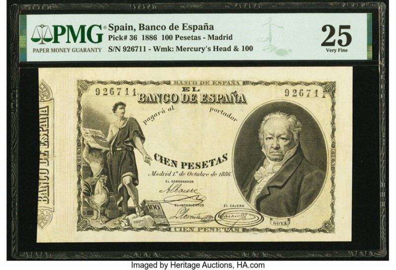 Spain Banco de Espana 100 Pesetas 1.10.1886 Pick 36 PMG Very Fine 25. The 1886 1...
