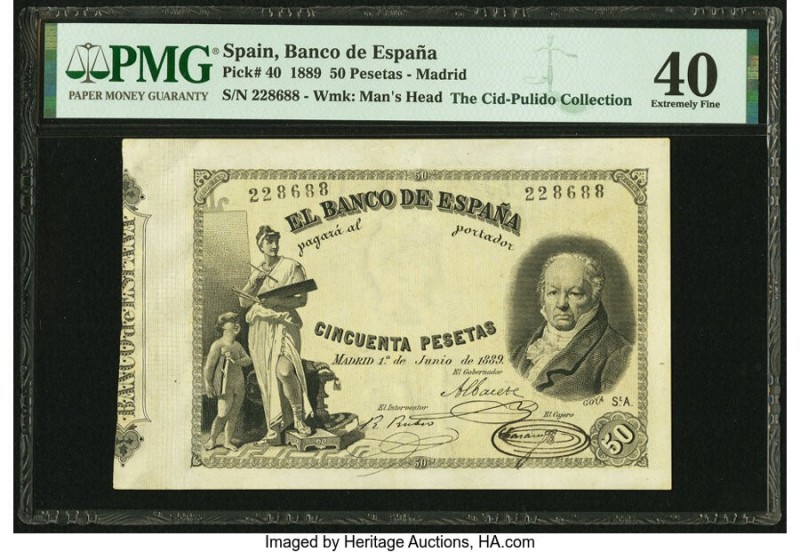 Spain Banco de Espana 50 Pesetas 1.6.1889 Pick 40 PMG Extremely Fine 40. During ...