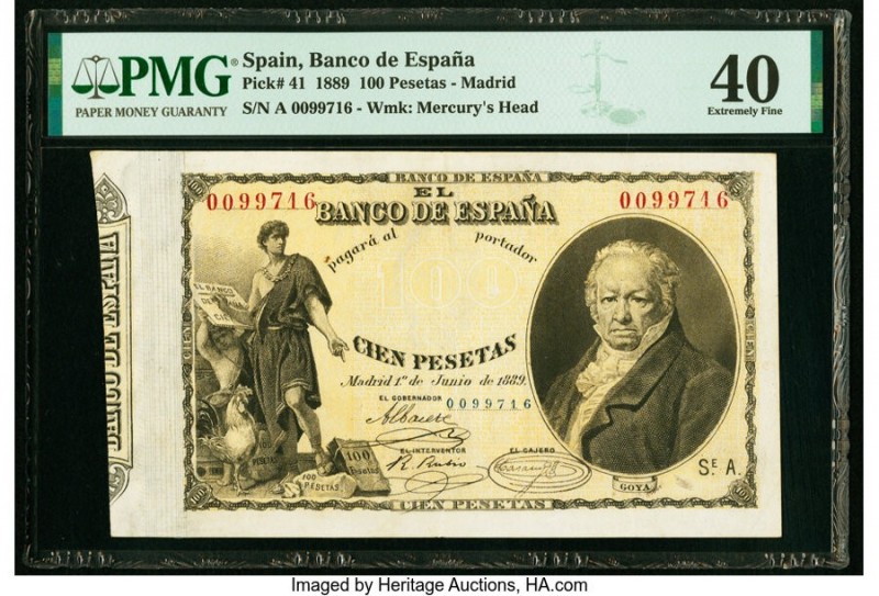 Spain Banco de Espana 100 Pesetas 1.6.1889 Pick 41 PMG Extremely Fine 40. A love...