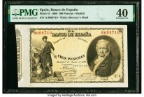 Spain Banco de Espana 100 Pesetas 1.6.1889 Pick 41 PMG Extremely Fine 40. A lovely and attractive 100 Pesetas note from the "Goya" nicknamed issue. Th...