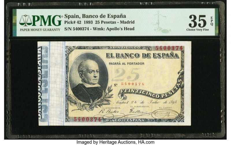 Spain Banco de Espana 25 Pesetas 24.7.1893 Pick 42 PMG Choice Very Fine 35 EPQ. ...