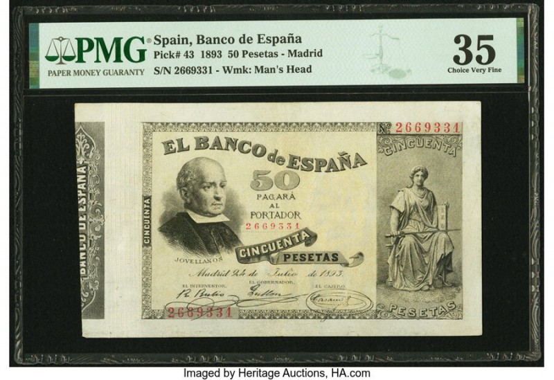 Spain Banco de Espana 50 Pesetas 24.7.1893 Pick 43 PMG Choice Very Fine 35. Auct...