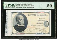 Spain Banco de Espana 100 Pesetas 24.7.1893 Pick 44 PMG About Uncirculated 50. The oversized portrait of Gaspar Melchor de Jovellanos is seen on the f...