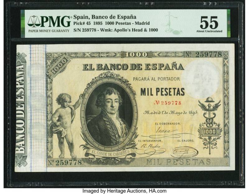 Spain Banco de Espana 1000 Pesetas 1.5.1895 Pick 45 PMG About Uncirculated 55. O...