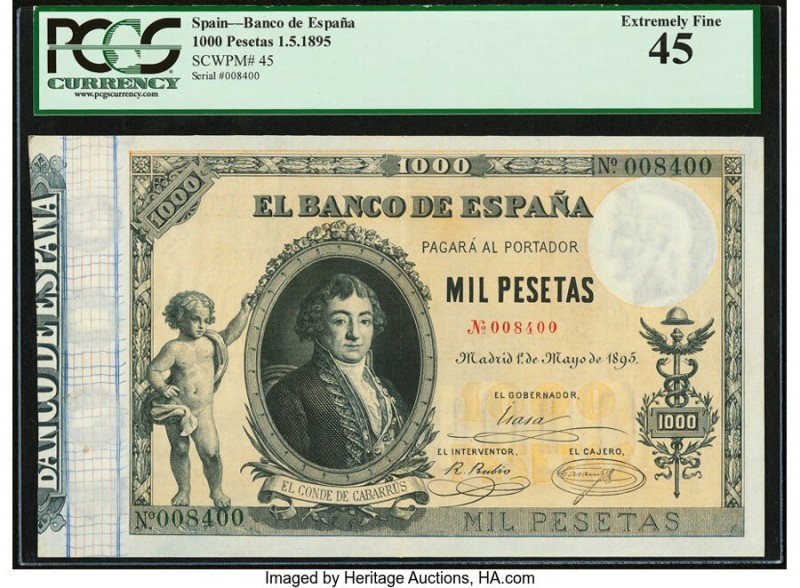 Spain Banco de Espana 1000 Pesetas 1.5.1895 Pick 45 PCGS Currency Extremely Fine...