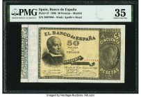 Spain Banco de Espana 50 Pesetas 2.1.1898 Pick 47 PMG Choice Very Fine 35. This scarce type featuring the 1898 date is a known rarity in any and all g...