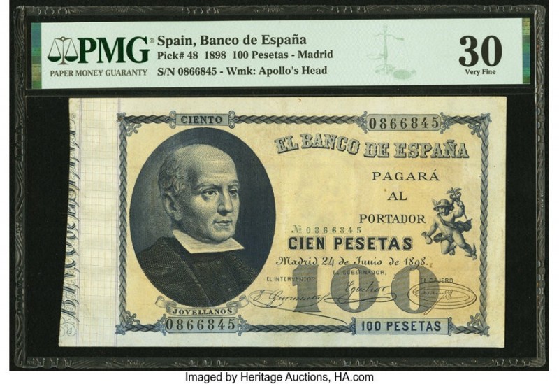 Spain Banco de Espana 100 Pesetas 24.6.1898 Pick 48 PMG Very Fine 30. Only the 5...