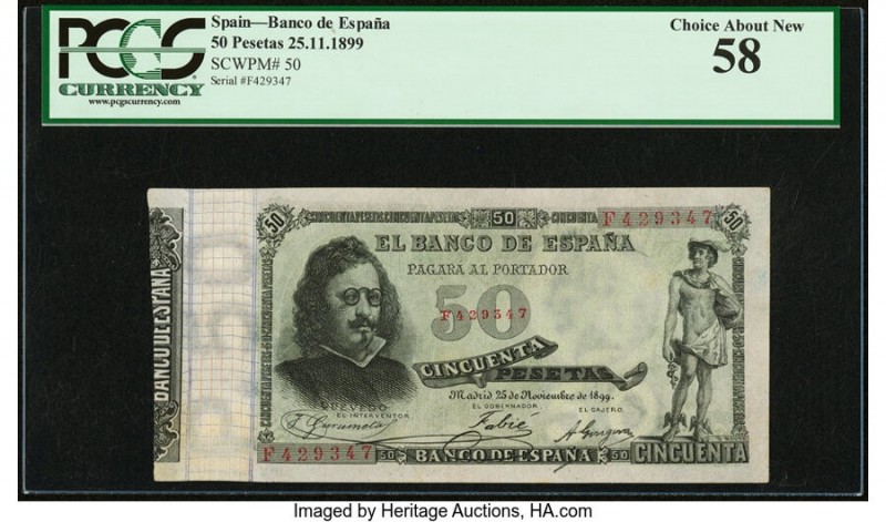 Spain Banco de Espana 50 Pesetas 25.11.1899 Pick 50 PCGS Currency Choice About N...