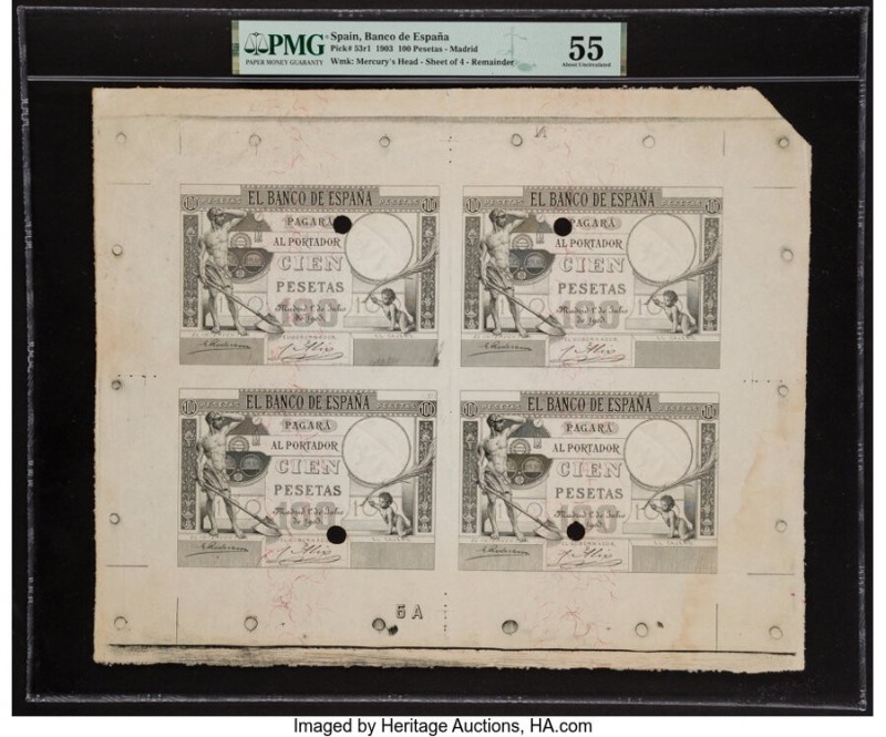 Spain Banco de Espana 100 Pesetas 1903 Pick 53r1 Uncut Sheet of 4 Remainders PMG...