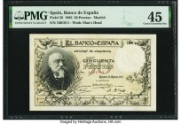 Spain Banco de Espana 50 Pesetas 19.3.1905 Pick 56 PMG Choice Extremely Fine 45. A lovely and problem-fee example, this 1905 50 pesetas note enjoys pe...